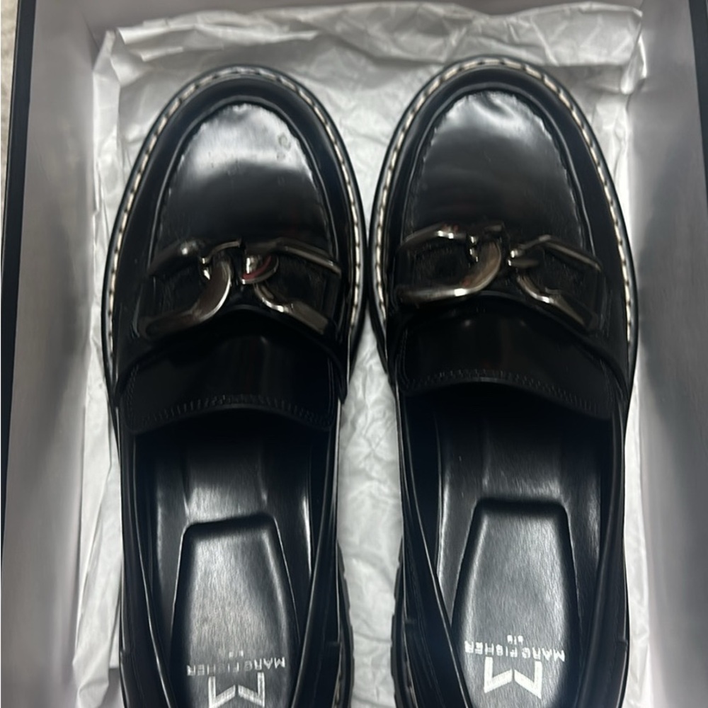 Marc Fisher Glossy Black Loafers with Metallic Detail